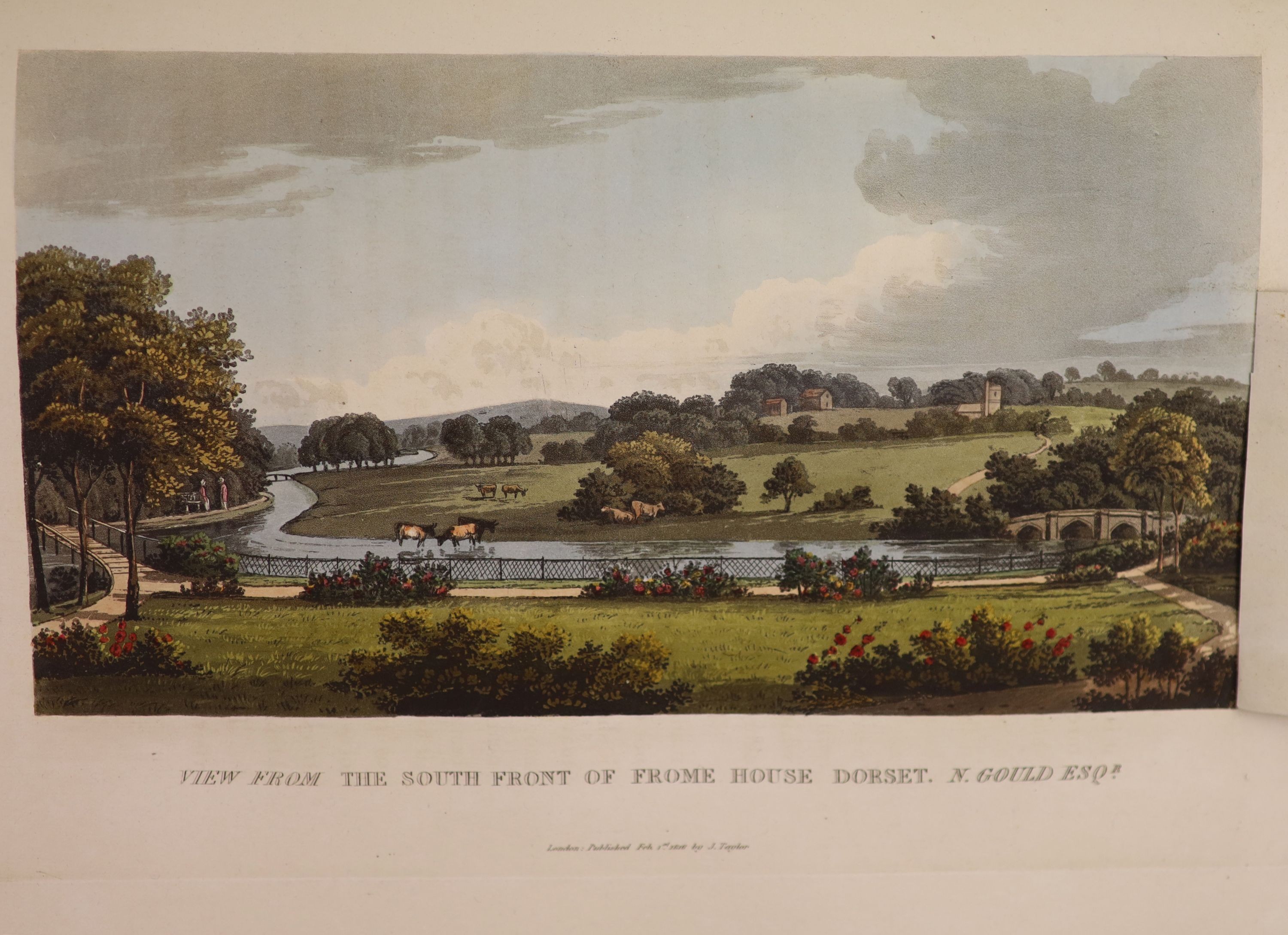 Repton, Humphry and John Adey - Fragments on the Theory and Practice of Landscape Gardening, qto, calf gilt, with 43 plates, comprising uncoloured woodcut plan, 21 hand-coloured aquatints, (of which 2 double-page, 8 with